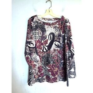NWT Chico's Beige w/Purple Black Floral/Tapestry Pima Cotton Knit Top 2/US Large